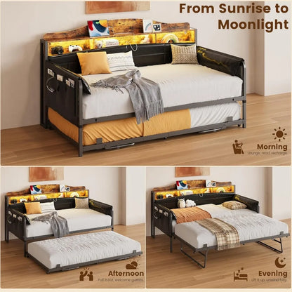 Daybed with Trundle, Twin XL Day Bed with Bookcase Headboard, Bedside Caddy, Charging Station LED Lights, Metal Sofa Bed
