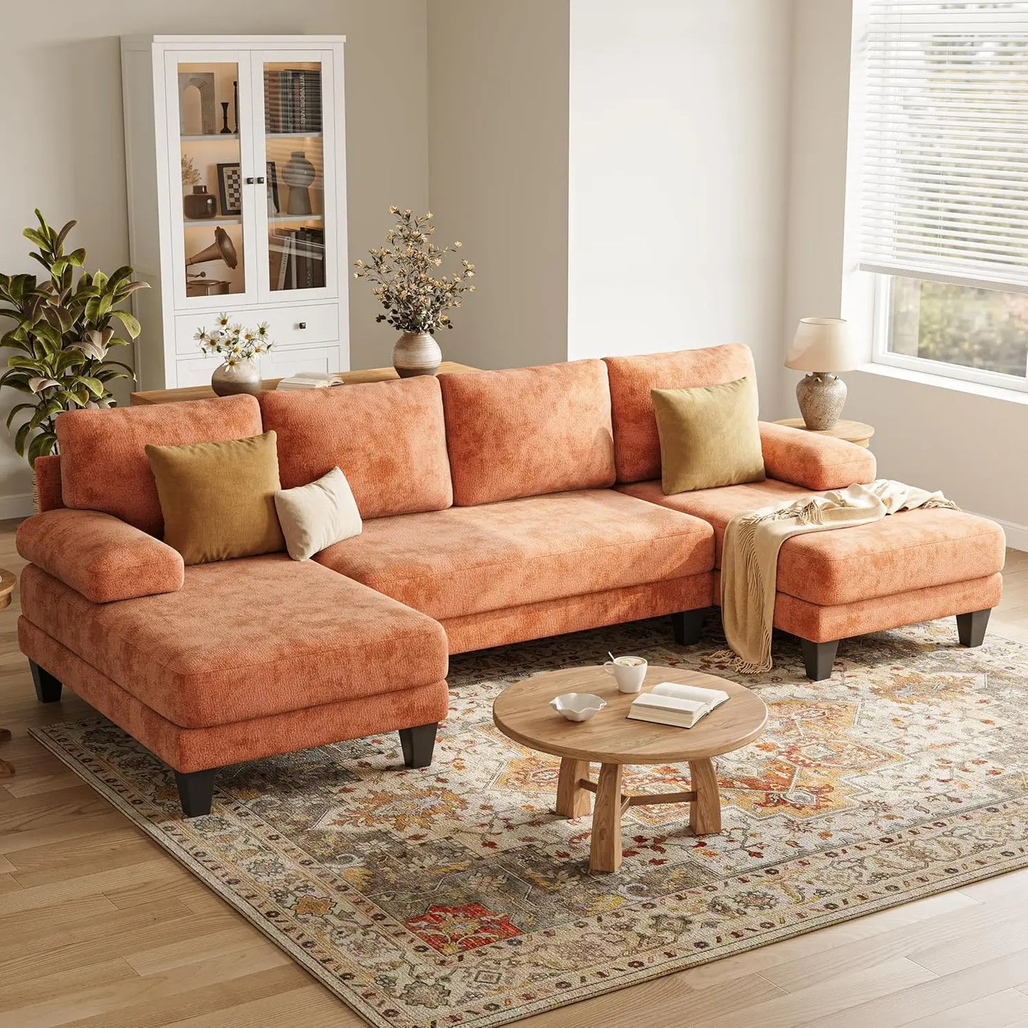 U-Shaped Sectional Couch Double Chaise Chenille Upholstery 112in Modern Living Room Apartment, Customized