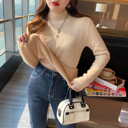 Turtleneck Winter Sweater Women Elegant Thicken Velvet Lined Warm Sueter Fleece Knitted Pullover Slim Top Jersey Jumper Knitwear