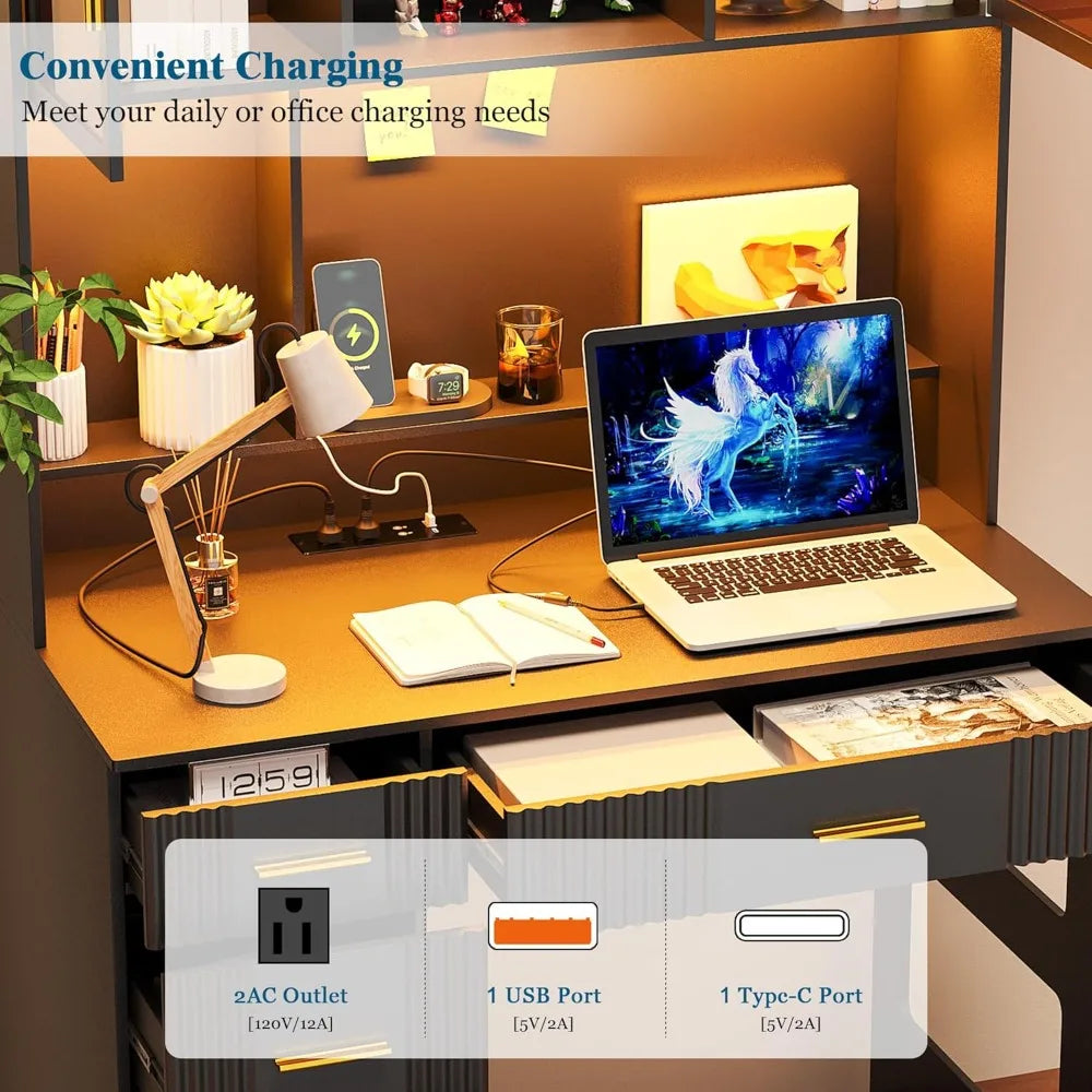 LED Study Desk with Hutch, Drawers, Outlet & Charging Station for Home Office, Bedroom or Small Space (Black)