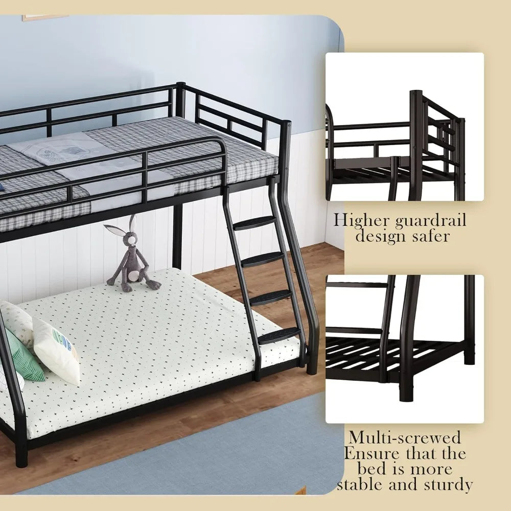 Metal Bunk Bed, Full Size Bed Frame, Twin Over Full Bunk Bed with Safety Guardrail and Ladder, Bunk Beds Twin Over Full Size