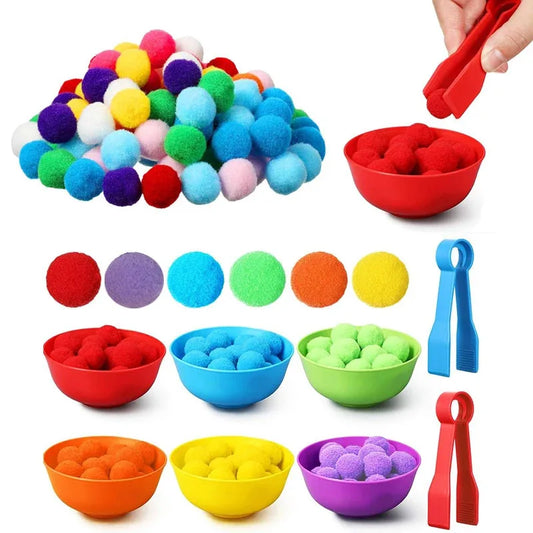 Rainbow Counting Set: Pom Poms Sorting Toys w/ Bowls & Tweezers for Kids, Fine Motor Skills Learning Montessori Math Toy