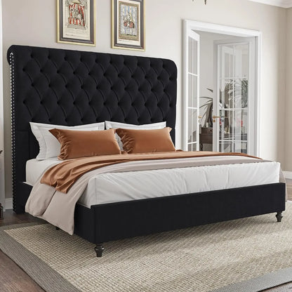 King Size Bed Frame 60" Tall Sleigh Headboard Bed with Velvet Upholstered Platform, No Box Spring Needed
