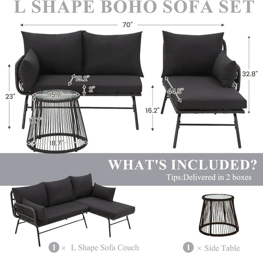 3-Piece Outdoor Patio Furniture Set, L-Shaped Rattan Sectional Sofa with Thick Cushions, Glass Coffee Table – Conversation Set