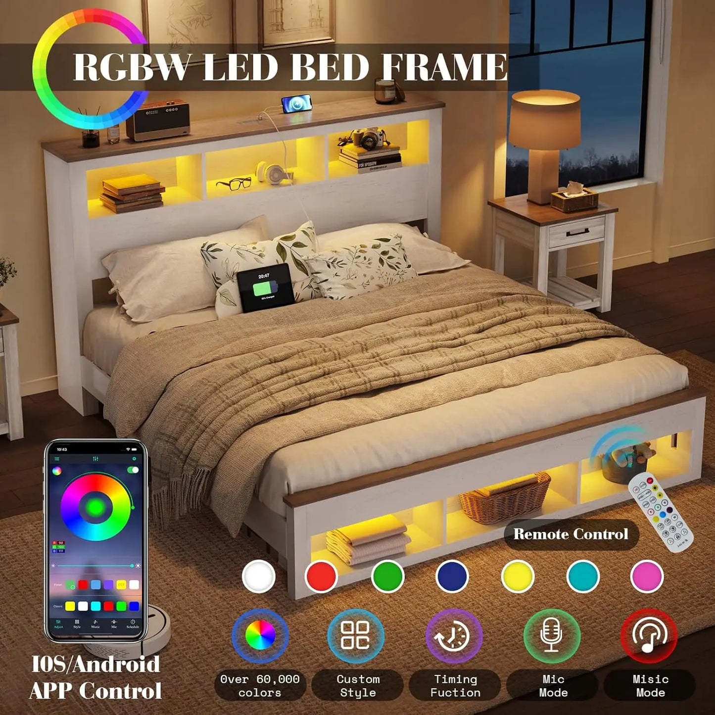 Farmhouse King Size Bed Frame with Storage Bookcase Headboard and Footboard, Storage Wood Platform Bed Frame