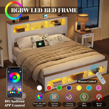 Farmhouse King Size Bed Frame with Storage Bookcase Headboard and Footboard, Storage Wood Platform Bed Frame