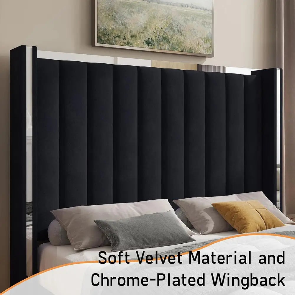 Black Velvet 58 High Wingback Headboard Queen Bed Frame, No Box Spring Required,Customized