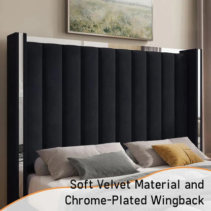 Black Velvet 58 High Wingback Headboard Queen Bed Frame, No Box Spring Required,Customized