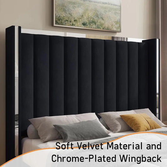 Black Velvet 58 High Wingback Headboard Queen Bed Frame, No Box Spring Required,Customized
