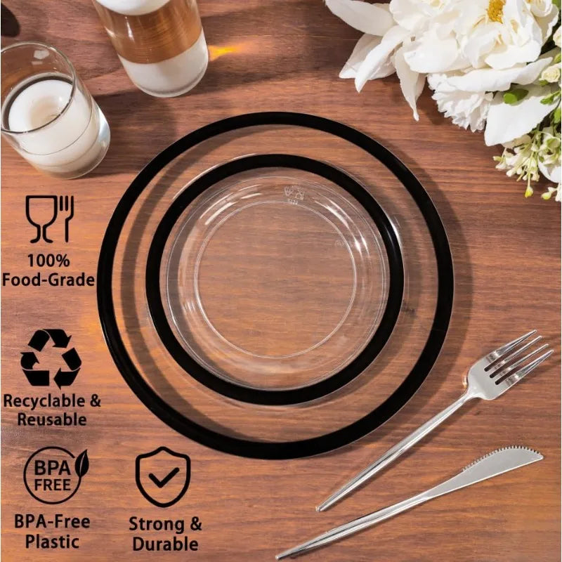 120-Pc Black Clear Plastic Plates - 10" Dinner & 7" Dessert Set for Party & Wedding