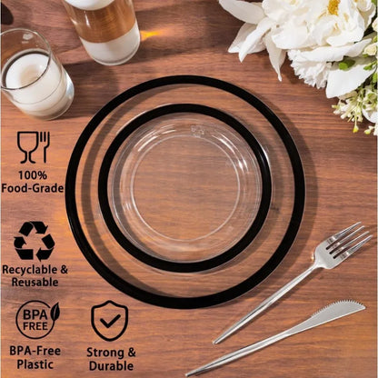 120-Pc Black Clear Plastic Plates - 10" Dinner & 7" Dessert Set for Party & Wedding