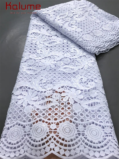 White African Guipure Cord Lace Fabric with Sequins 2025 High Quality Nigerian Guipure Cord Lace for Sewing Wedding Dress F4025