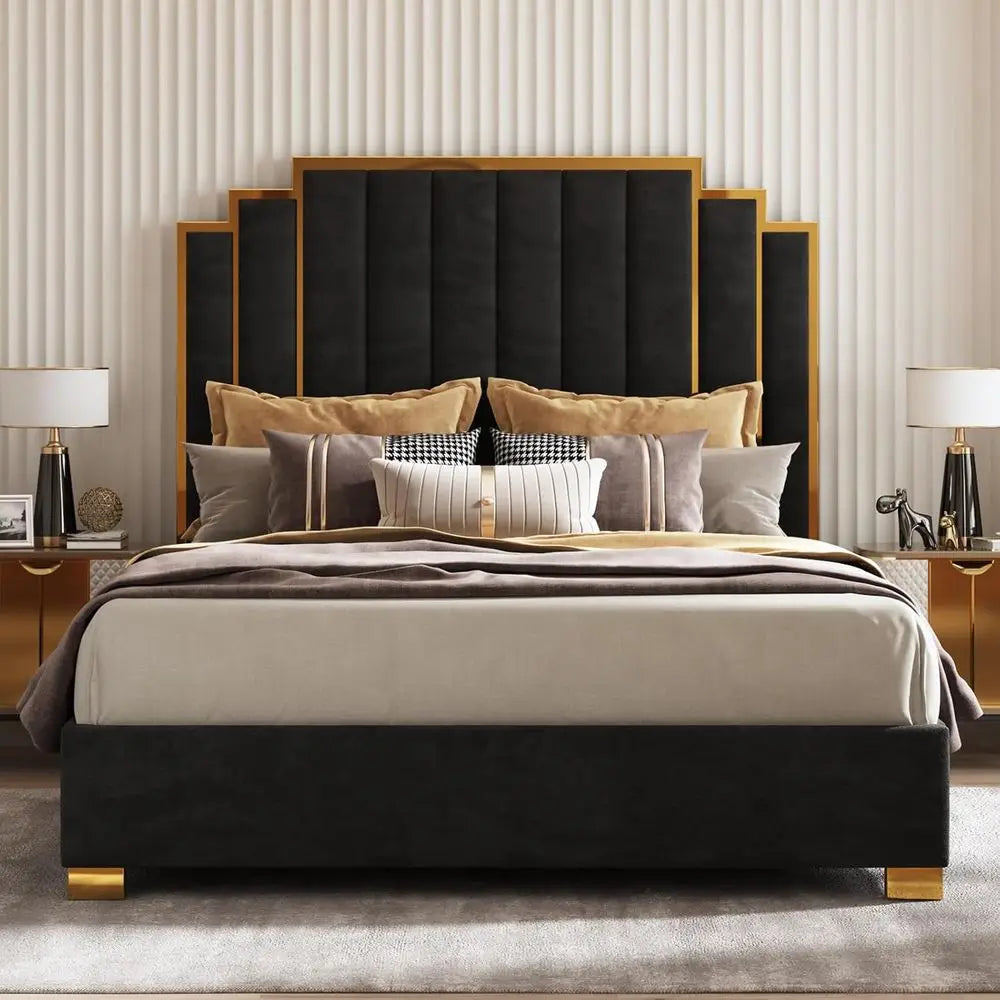 Modern Velvet King Bed Frame with 65.4 High Gold Trim Headboard, No Box Spring RequiredCustomized