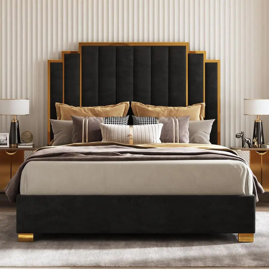 Modern Velvet King Bed Frame with 65.4 High Gold Trim Headboard, No Box Spring RequiredCustomized