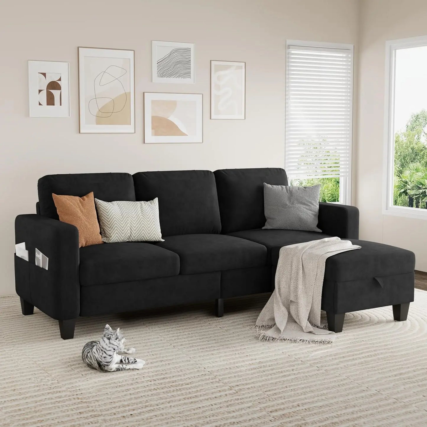 Sectional Sofa Couches for Living Room - 3 Seat L-Shaped Couch with Storage Ottoman, Comfy Fabric Convertible Sectionals