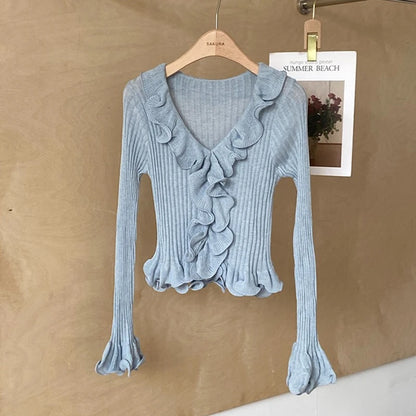 Women's Ruffled Sweater Long Sleeve Slim Fit Rib Knit Top Pullover Jumper Ladies Knitwear Autumn Winter Fairycore Outfit