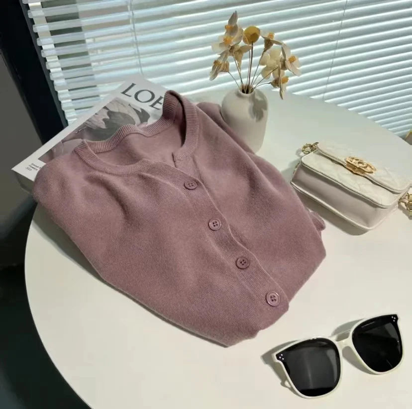 AOSSVIAO 2025 Autumn Winter New Cashmere Cardigan Women Solid Color Sweater Women Loose O-Neck Knitted Sweaters Simple Versatile