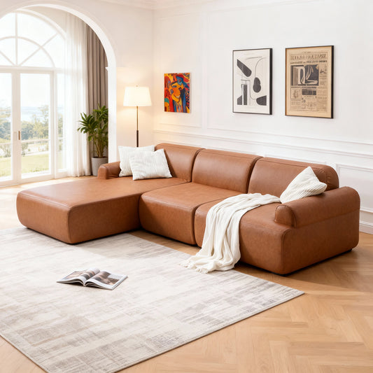 L-shaped oversized modular leather segmented sofa, leather deep seat modular corduroy sofa, suitable for families and big spaces