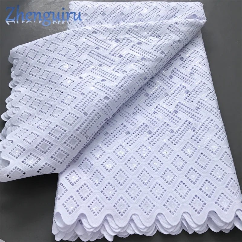 Pure White Nigerian Guipure Lace Fabric 2025 High Quality Water Soluble African Sequin Cord Lace Fabric for Party Dress Sew 4025