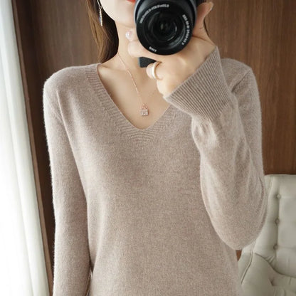 Women Solid Sweater Spring Autumn Woolen Pullovers V-neck Slim Fit Bottoming Shirt Solid Soft Knitwear Jumpers Basic Sweaters