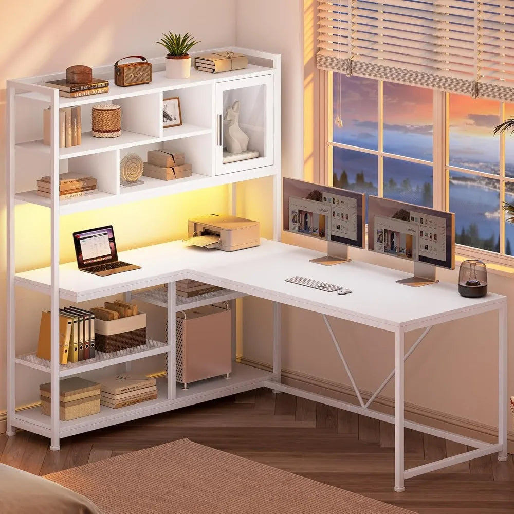 L Shaped Computer Desk, 58'' Office Desk with LED Light and Bookshelf, L Shaped Corner Desk with Storage Shelves