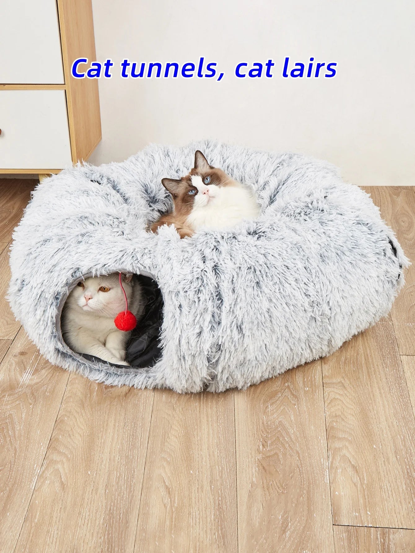 Plush Cat Bed with Tunnel for Indoor Cats, Multifunctional Cat Tunnel Bed with Peephole, Fluffy Donut Cat Bed with Tunnel