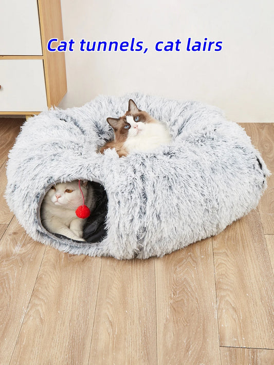 Plush Cat Bed with Tunnel for Indoor Cats, Multifunctional Cat Tunnel Bed with Peephole, Fluffy Donut Cat Bed with Tunnel