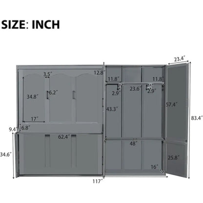 Gray Queen-Size Wall-Mounted Murphy Bed with Integrated Closet and Wardrobe Storage