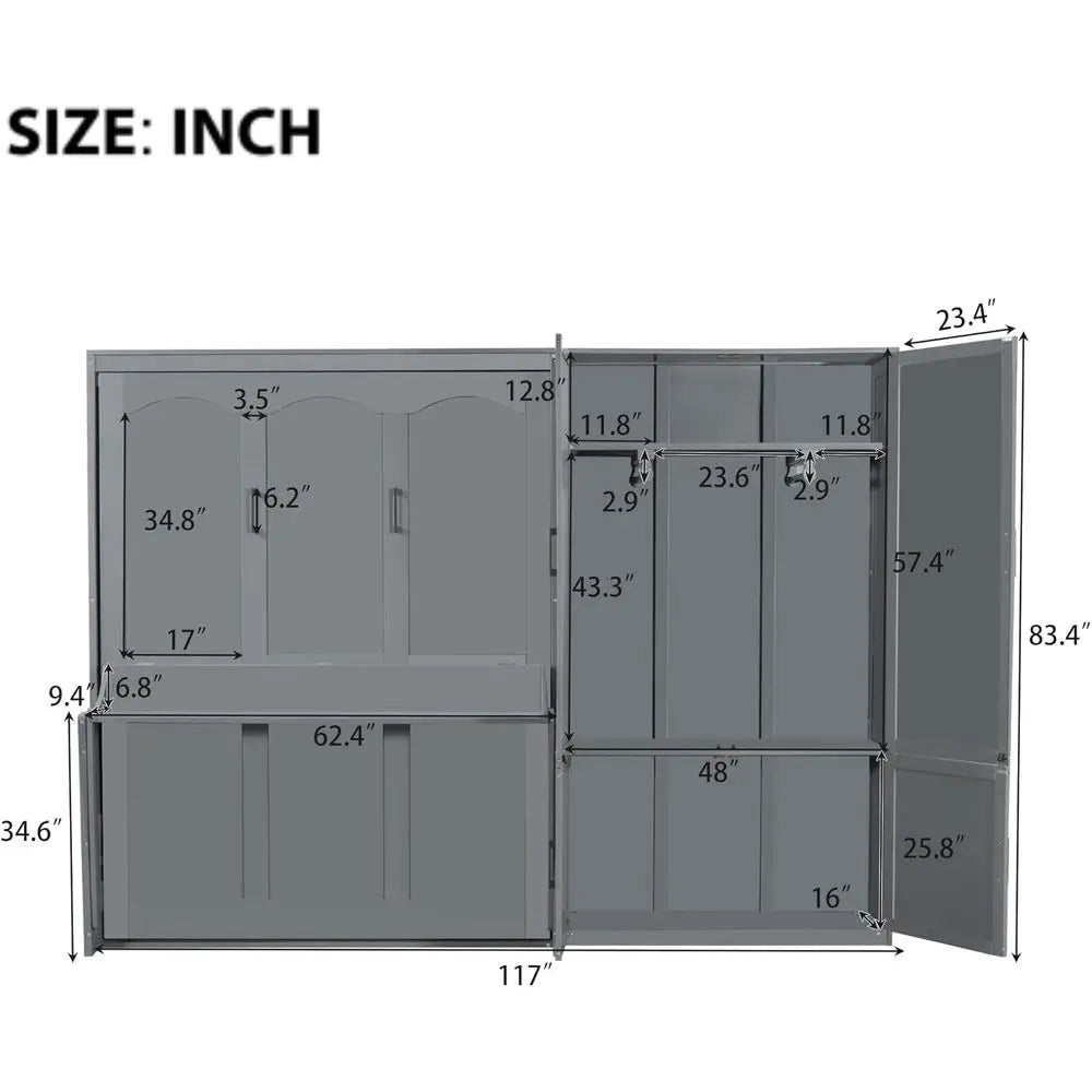 Gray Queen-Size Wall-Mounted Murphy Bed with Integrated Closet and Wardrobe Storage
