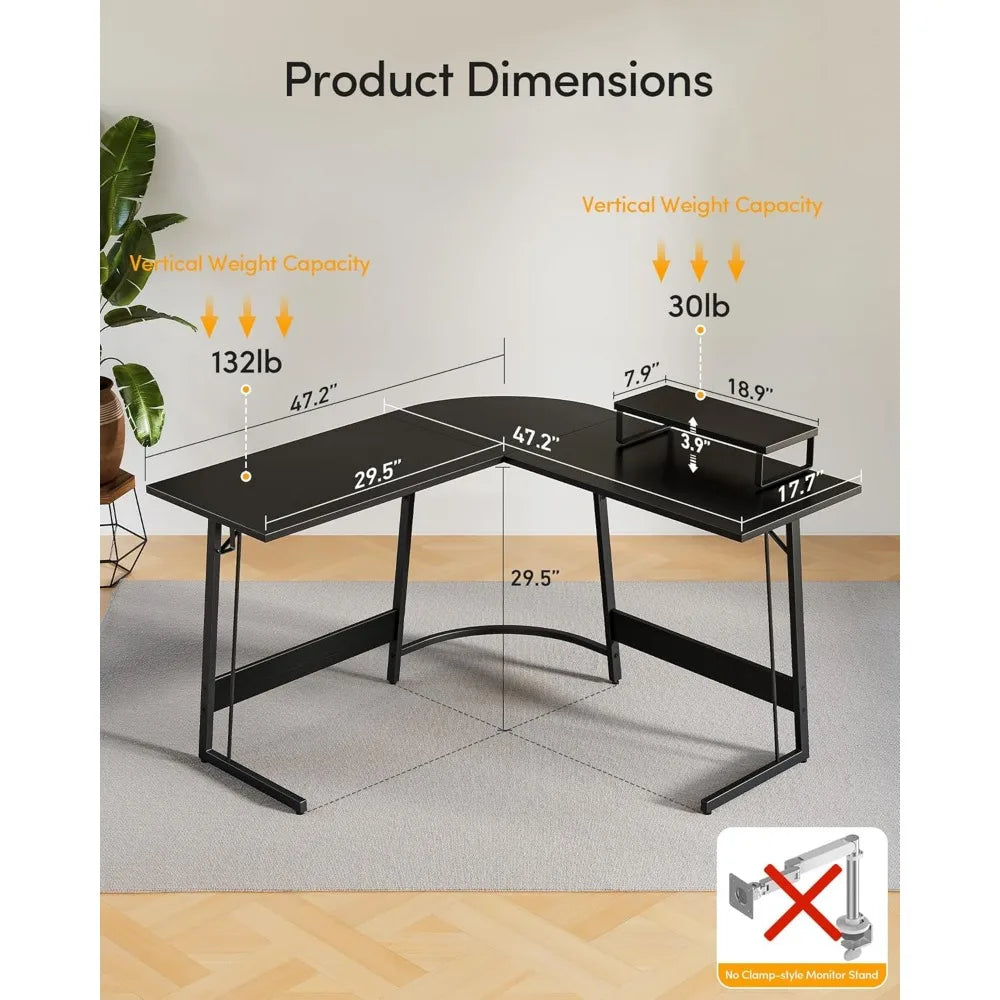 Large Corner Desk for Home Office, 47 Inch L-Shaped Computer Desk with Ample Monitor Stand Space