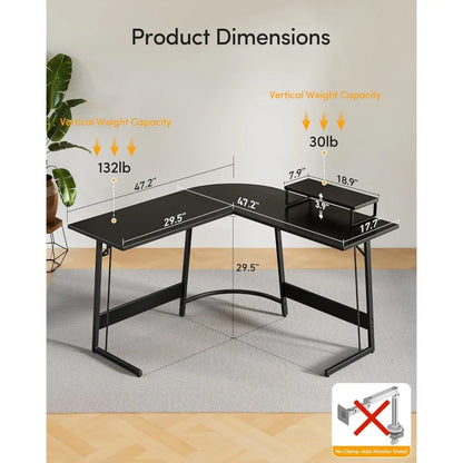 Large Corner Desk for Home Office, 47 Inch L-Shaped Computer Desk with Ample Monitor Stand Space