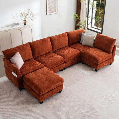 124" Modular Sectional Sofa, U-Shaped 6 Seater Sectional Sofa with Storage Ottoman & USB Ports, Large Cloud Couch Customized