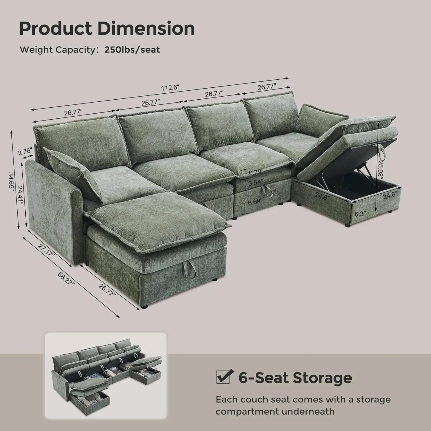 112.6" Sectional Couches for Living Room, Cloud Couch Sectional with Large Storage, U-Shape Modular Sectional Sofa, Customized