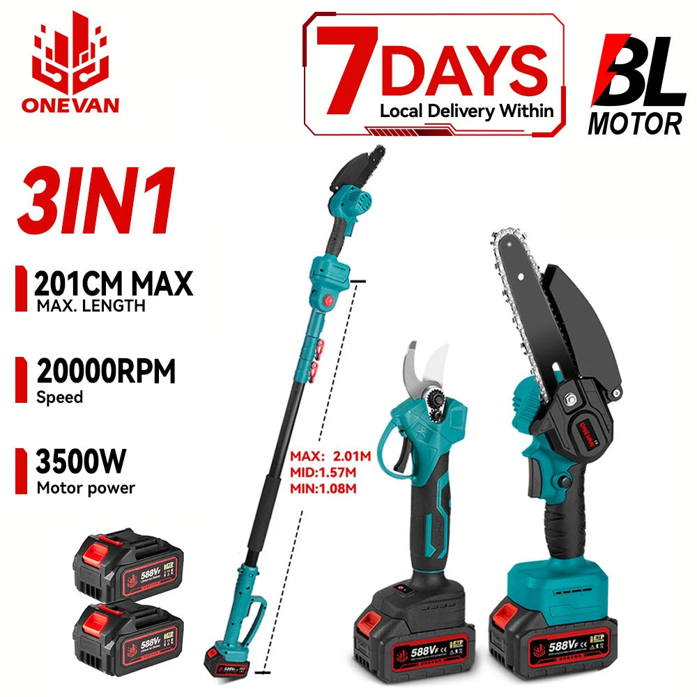 ONEVAN 3500W Brushless Telescoping Pole Electric Chainsaw 3-IN-1 High Branch Scissors Garden Pruning Tool For ONEVAN 18V Battery