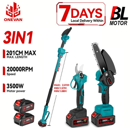 ONEVAN 3500W Brushless Telescoping Pole Electric Chainsaw 3-IN-1 High Branch Scissors Garden Pruning Tool For ONEVAN 18V Battery