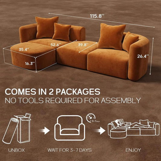 116" Modular Sectional Couches with Ottoman, Luxury Modern Curved Back Sofa, Minimalist Style Oversized 4 Seat Deep, Customized