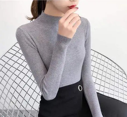 Autumn Winter Mock Neck Women Sweater Vintage Basic Solid Knitted Tops Casual Slim Pullover Korean Sweaters Simple Chic Jumpers