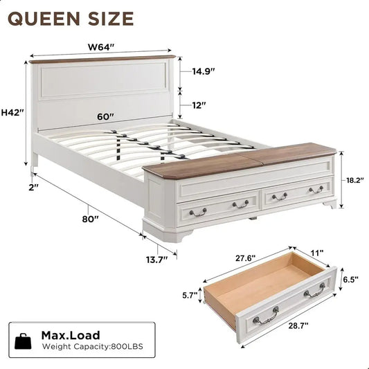 Farmhouse Queen Bed with Headboard and Storage Bench, Rustic Wood Platform Bed with 64" Storage Chest w/ 4 Large,Customized