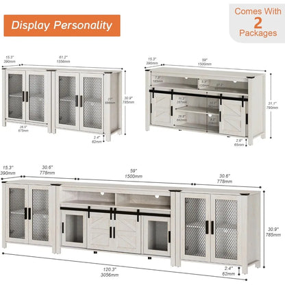 TV Stand Set for 100 inch TV,Door Storage Cabinet with Mesh for Living Room,Farmhouse Storage Units with Open and Adjusta