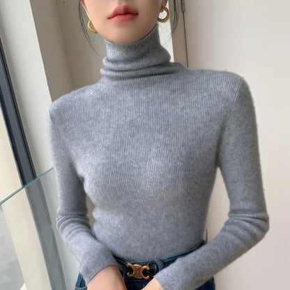 Women Long Sleeve Knitted Pullover Solid Casual Slim Sweater 2025 Autumn Winter Turtleneck Warm Jumper Simple Base Layer Top