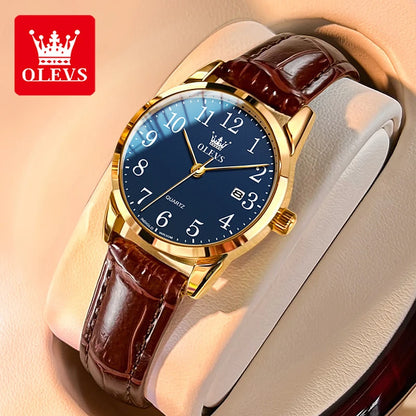 OLEVS Brand Fashion Quartz Watch for Men and Women Leather Strap Waterproof Original Watch Arabic Numeral Scale Giving to Elders