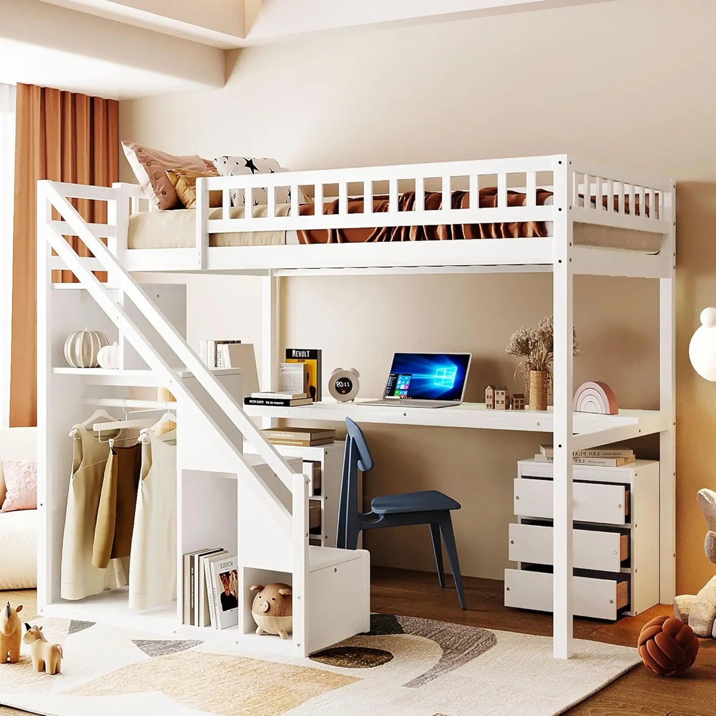Solid Wood Loft Bed with L-Shaped Desk, Twin Loft Bed with Storage Drawers and Cabinets, White, Customized