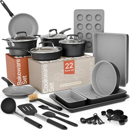 22Piece NonStick Cookware and Bakeware Set with Plaid Pattern for Home Kitchen Use Stackable Design for Easy Storage Dishwasher