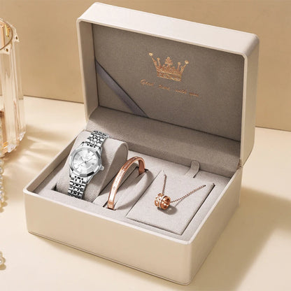 OLEVS Original Brand Elegant Women's Watches Waterproof Luminous Quartz Watch for Lady Necklace Bracelet Gift Box Set Calendar