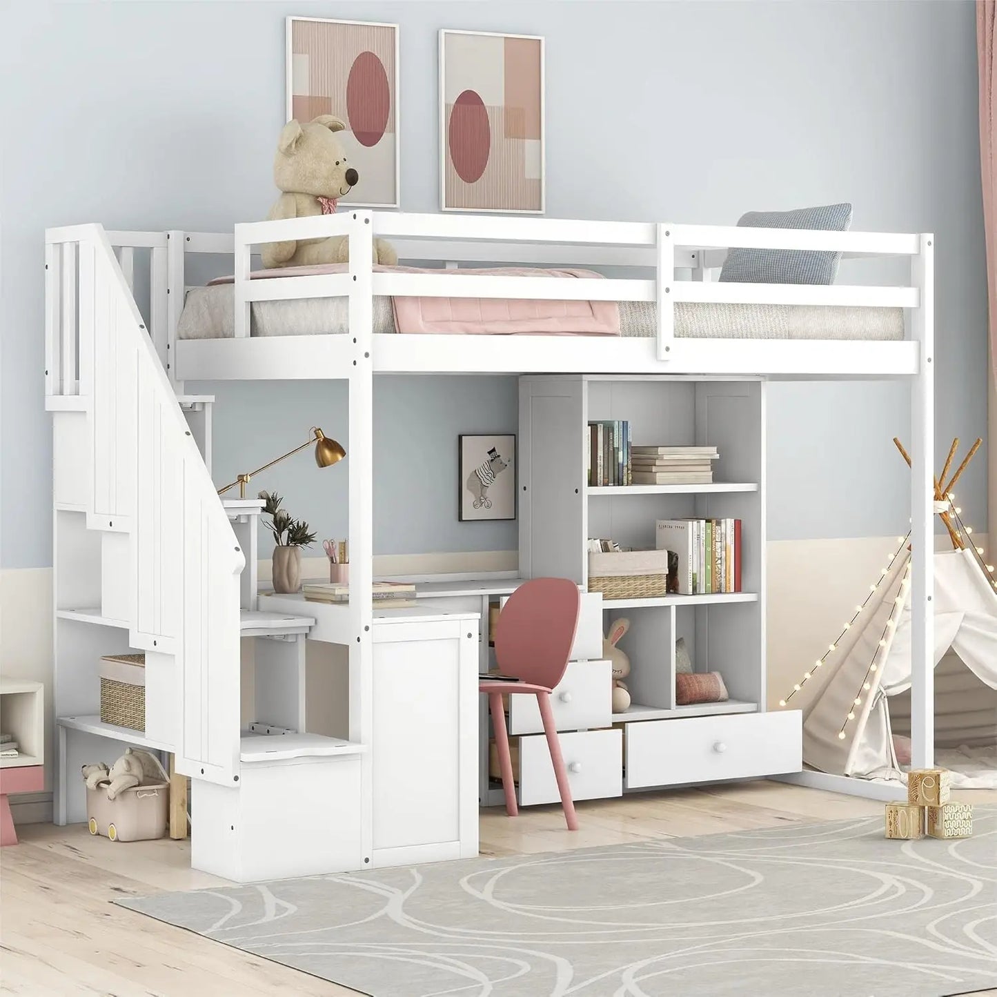 Solid Wood Loft Bed with L-Shaped Desk, Twin Loft Bed with Storage Drawers and Cabinets, White, Customized