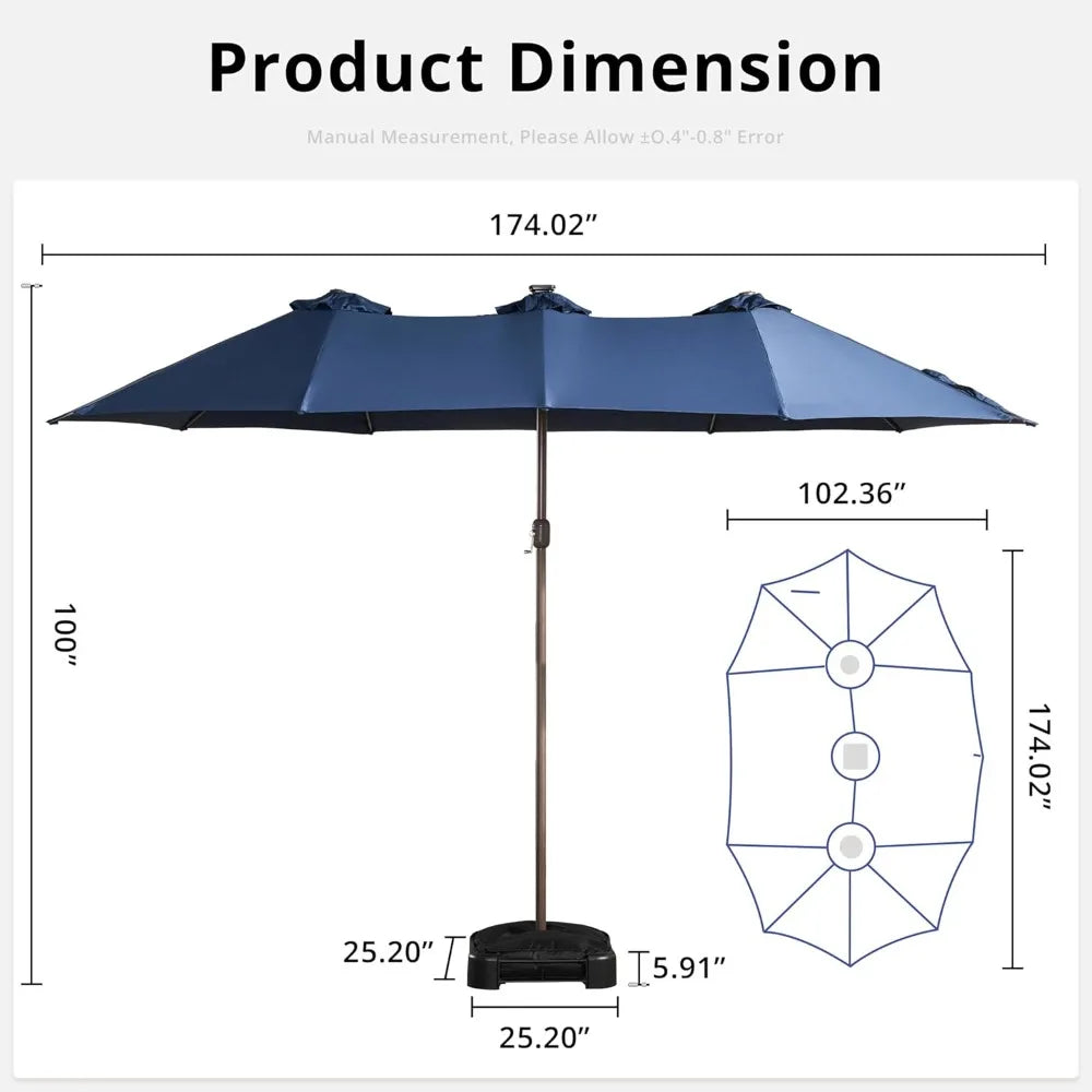 15ft Large Patio Umbrellas with Base & Solar Lights,Outdoor Rectangle Double-Sided Market Umbrella with Stand & 38 LED Lights,Ou
