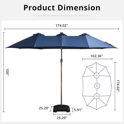 15ft Large Patio Umbrellas with Base & Solar Lights,Outdoor Rectangle Double-Sided Market Umbrella with Stand & 38 LED Lights,Ou