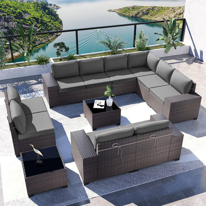 12 Pieces Outdoor Patio PE Rattan Sectional Sofa Set with Cushions & Tempered Glass Coffee Table for Garden Porch, Customized
