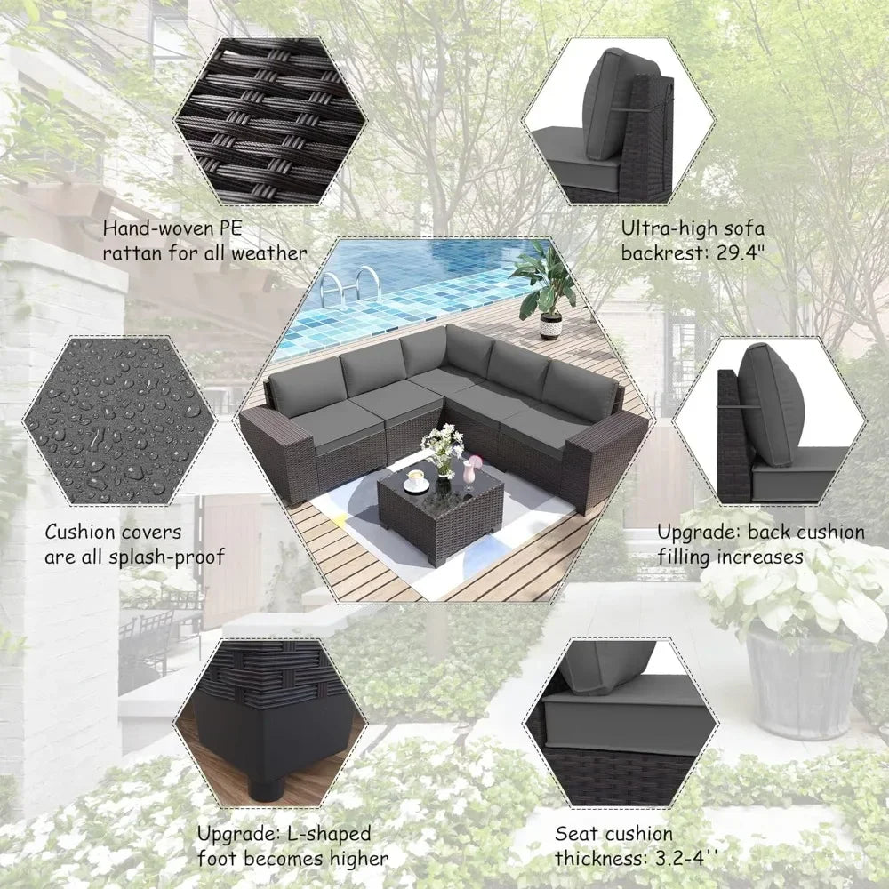 Patio Furniture Sets 6 Pieces Patio Sectional Outdoor Furniture Patio Sofa Chairs Set All Weather PE Rattan Wicker Couch Conver