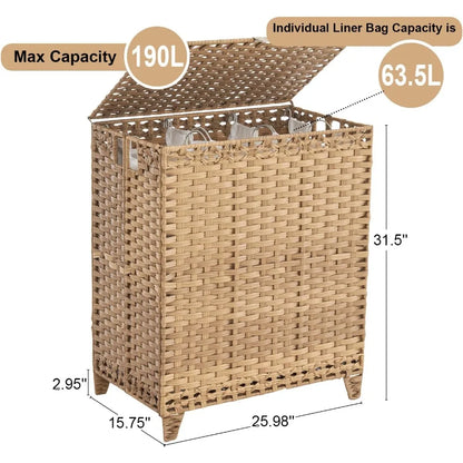 Large 190L 3-Section Laundry Hamper with 6 Detachable Liner Bags and 3 Mesh Bags, Handwoven Rattan Design